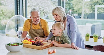 Buy stock photo Kitchen fruit, vegetables and family cooking nutrition food, home recipe or teaching child how to prepare clean eating snack. Nutritionist, wellness and vegan mom, dad and kid learning to make salad