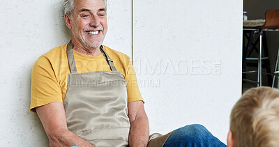 Buy stock photo Floor, home and grandfather with child talking for bonding, relationship and relax together for fun. Retirement, family and happy grandpa with young boy sitting for conversation, chat and speaking
