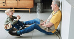 Floor, home and grandfather with child in conversation for bonding, relationship and relax on weekend. Retirement, family and happy grandpa with young boy sitting and talking, chat and speaking