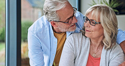 Buy stock photo Love, hugging and senior couple at their home for happiness, bonding and romance together in morning. Smile, care and elderly man embracing his wife from Australia at modern house on a weekend.