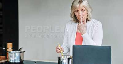 Buy stock photo Computer, cooking and senior woman in the kitchen of modern home for healthy or diet supper. Food, technology and elderly female person preparing a meal for dinner or lunch with laptop at house.