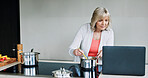 Laptop, recipe and woman cooking in the kitchen of modern home for healthy or diet supper. Food, technology and senior female person preparing a meal for dinner or lunch with computer at house.
