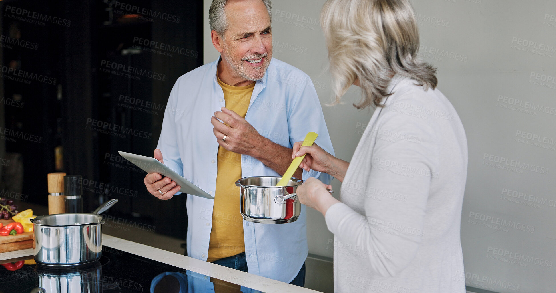 Buy stock photo Senior, couple and cooking in kitchen with tablet for meal prep, recipe idea and digital menu with smile. Elderly, man and woman with technology at home for healthy food ingredients and diet planning