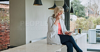 Buy stock photo Woman, drinking coffee and smartphone or relaxing in kitchen, online conversation and social media. Happy mature person, hot beverage and internet connection or mobile app for communication at home