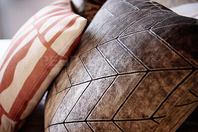 Buy stock photo Pillows, fabric patterns and interior of hotel bed with duvet, comforter or design for accommodation. Closeup of empty bedroom, house or apartment at resort with stylish cushion, linen or home decor