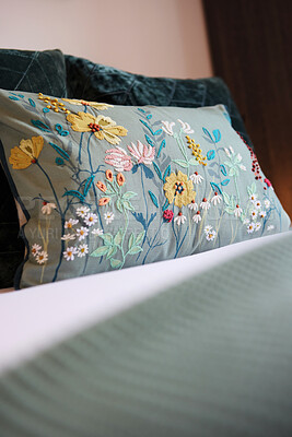 Buy stock photo Bed, pillow and interior of room with hospitality, accommodation with furniture and decor. Hotel bedroom, property or house for vacation, getaway or luxury resort with closeup and floral design