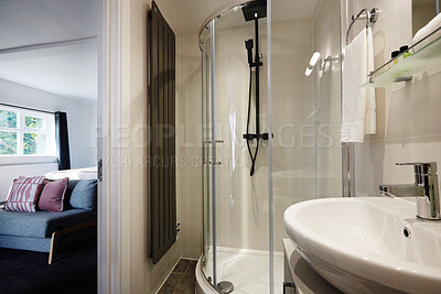 Buy stock photo Home, bathroom and interior with shower in apartment or house for design with window. Modern, glass or architecture with sink, faucet or furniture with sofa in living room for real estate in property