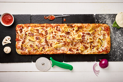 Top view, fast food and gourmet of pizza with ingredients for dinner preparation, baking process and take away meal. Patisserie, napoli sauce and onion with mushroom in restaurant or cafe from above
