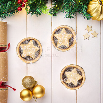 Buy stock photo Christmas, pies and celebration for the holiday, ornaments and gift for the season, candy. Table, chocolate biscuit and dessert made from flour, food as present for giving of star sweet and snack