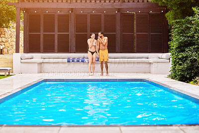 Buy stock photo Swimming pool, couple and holding hands outdoor for relax, travel and summer at luxury hotel as holiday. Water, people and sun for wellness, hospitality and vacation at resort in Bali with freedom