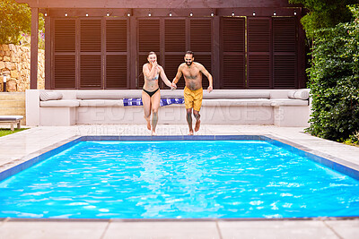 Buy stock photo Couple, pool and holding hands for jump, enjoyment or support in relationship at resort. Happy man, woman or trust on vacation for wellbeing, love or ready for dive at water on weekend trip to villa 