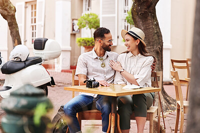 Buy stock photo Happy couple, hug and outdoor cafe with date for travel, sightseeing or bonding together. Young man, woman or tourists enjoying romantic getaway, reservation or holiday trip outside coffee shop