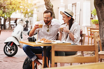 Buy stock photo Happy couple, relax and coffee with date at cafe for travel, love or outdoor bonding together. Young man, woman or tourists enjoying romantic getaway, lunch or holiday trip sidewalk restaurant
