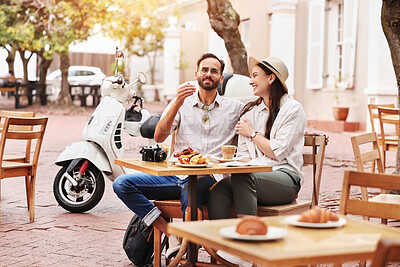 Buy stock photo Couple, happy and food in outdoor restaurant with bonding, romantic time and breakfast together for health. Smile, man and woman with brunch in cafe for diet nutrition, support and honeymoon in Rome