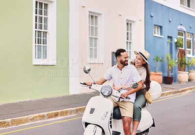 Buy stock photo Happy, couple and travel on scooter in city for outdoor adventure, journey and romantic anniversary. Man, woman and love with smile on moped for holiday, transportation and tourism together in Italy