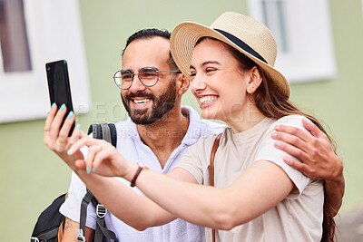 Buy stock photo Outdoor, couple and selfie with happiness on vacation, holiday adventure and tourists with photography. People, man and woman with hug, profile picture and smile on honeymoon trip in Switzerland