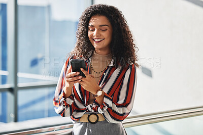 Buy stock photo Woman, smile and reading agenda on smartphone in office for feedback and online for career. Technology, happy or legal consultant in law firm for networking, information or notification for agreement