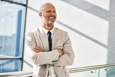 Mature man, arms crossed and thoughtful in office, ideas and professional for insight or perspective. Male person, confident CEO and contemplating vision or reflection on growth, planning and proud