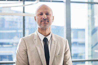 Buy stock photo Office, portrait and business man of law firm for working, professional career and legal advice with pride. Workplace, mature lawyer and confidence for justice, compliance and corporate attorney