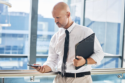 Buy stock photo Smartphone, man and notification for email in office for business meeting, report and review. Professional person, lawyer and documents or folder and technology for schedule, internet and online app