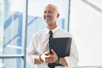 Buy stock photo Office, thinking and mature man with document for review, case information and thought for law firm. Career, business attorney and file for legal advice, compliance and justice as immigration lawyer