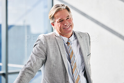 Buy stock photo Businessman, smile and mature director in office with confidence, pride and suit for professional career. Corporate lawyer, happy and ambition in workplace for success and law firm with experience