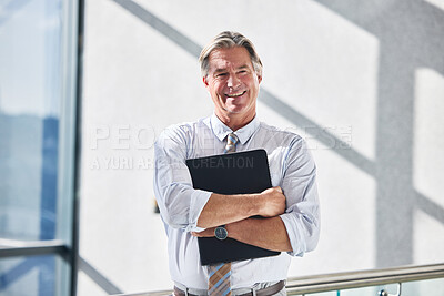 Buy stock photo Portrait, mature man and smile with folder, proud and happy with business of real estate and file. Office, documents and agent with contract for rental, joy and confident with ambition for job