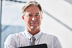 Smile, portrait and mature businessman in office with positive attitude for company finance growth. Happy, confident and professional male investment banker from London with corporate career.
