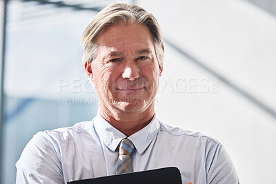 Buy stock photo Smile, portrait and mature businessman in office with positive attitude for company finance growth. Happy, confident and professional male investment banker from London with corporate career.