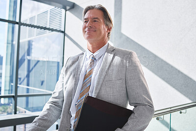 Buy stock photo Business, thinking and man with ideas in modern office, financial advisor and problem solving. Mature person, employee and consultant with decision, opportunity and confidence with career ambition