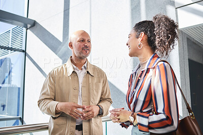 Buy stock photo Internship, mentor and collaboration for people in training, meeting or workshop in office for learning. Discussion, smile and talking in hallway for team, manager or partnership in business law firm