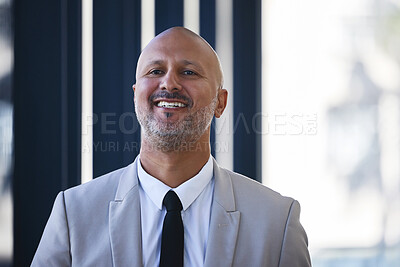 Buy stock photo Happy, portrait and mature businessman in office with positive, confident and proud attitude. Smile, and face professional male corporate attorney with legal career growth in Italy in workplace.