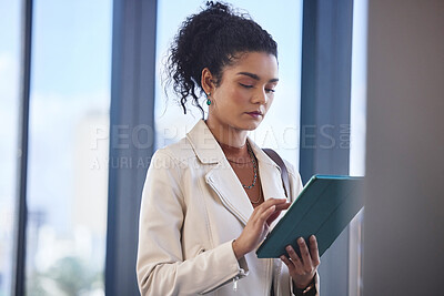 Buy stock photo Tablet, research and woman in office for creative career development for journalism article. Digital technology, reading and female copywriter with online email for publishing client in workplace.