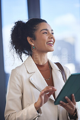 Buy stock photo Woman, smile and thinking with tablet in office for investment, research and finance news report. Happy, financial advisor and idea with technology for budget review, growth and digital feedback