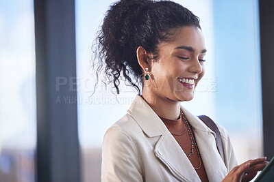 Buy stock photo Happy woman, news or tablet in office reading for online research, planning or social media meme. Laughing, smile or public relations officer with digital technology for job project on internet