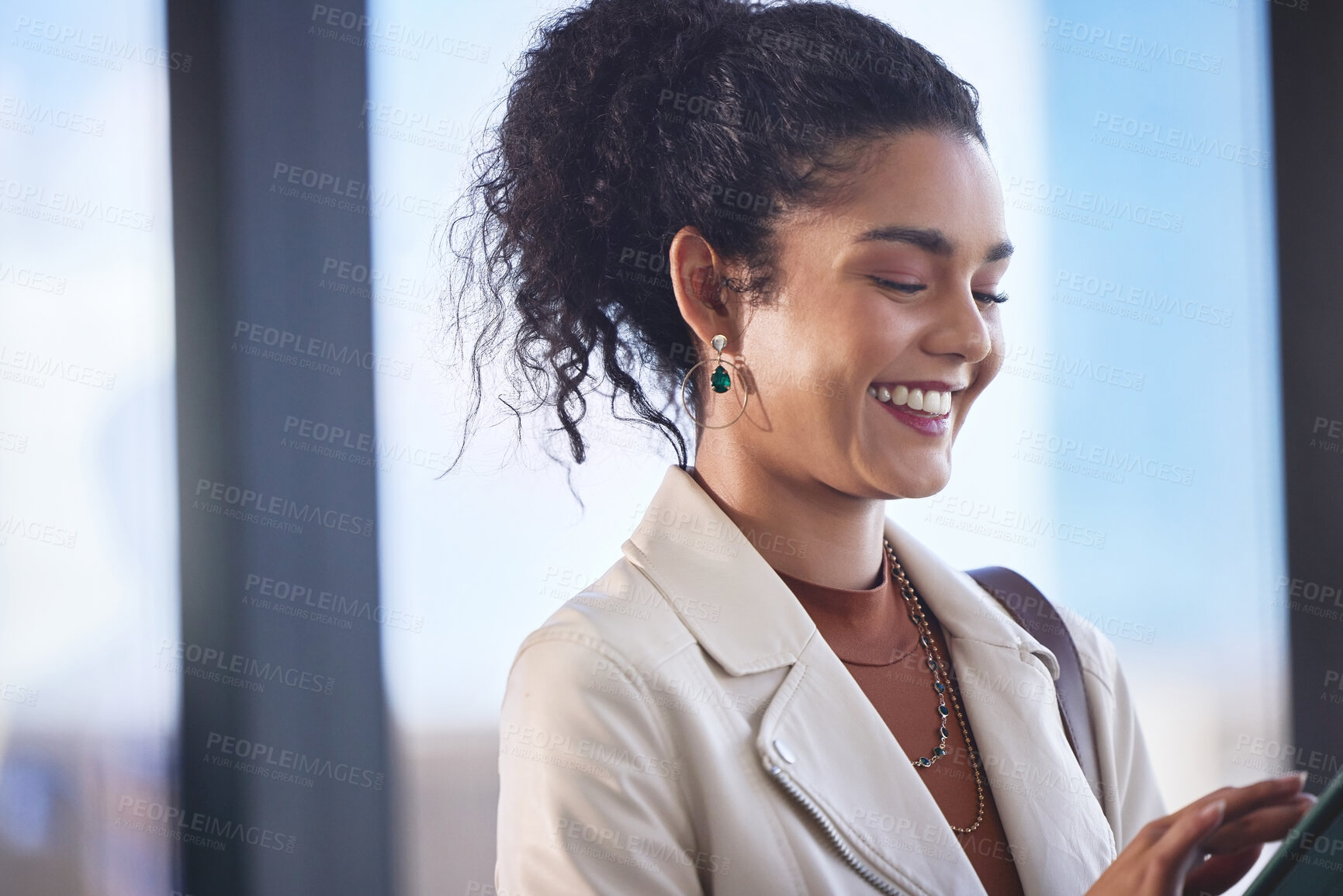 Buy stock photo Happy woman, news or tablet in office reading for online research, planning or social media meme. Laughing, smile or public relations officer with digital technology for job project on internet