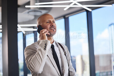 Buy stock photo Corporate, business and man with phone call in office for communication, networking and consultation as Lawyer. Professional, male person and mobile for case discussion, legal advice and negotiation 
