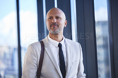 Buy stock photo Business, thinking and man in modern office, financial advisor and problem solving with career ambition. Person, employee and consultant with decision, opportunity and confidence with solution