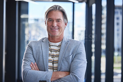 Buy stock photo Portrait, business and man with arms crossed, modern office and confidence with career ambition. Face, mature person and entrepreneur with entertainment agency, public relations officer and smile