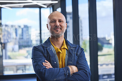 Buy stock photo Man, office or portrait with pride for creative work or career, arms crossed or confidence for web design. Male person, happy or business in building for job with startup company, employee with smile