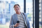 Creative, phone and portrait with mature art director in office for design or project management. Communication, management and smile with happy employee man in professional workplace for startup