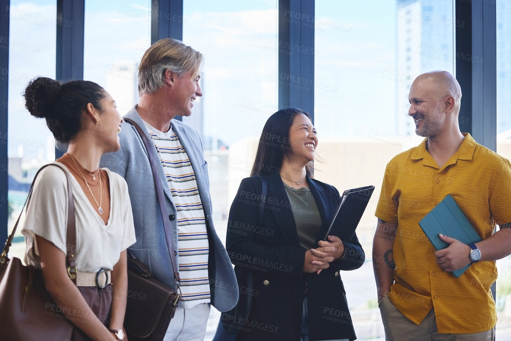 Buy stock photo Business people, discussion and laughing in office for teamwork, meeting and workforce. Men, women and designers for collaboration with joke or tablet and notebook for planning, strategy and together