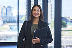 Portrait, business and woman with documents, smile and confidence with career ambition, lawyer and pride. Face, person and employee with paperwork, attorney and legal aid with proposal and portfolio
