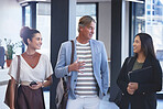 Business people, discussion and boss in office for teamwork, meeting and workforce. Man or ceo, women and diversity for collaboration with designers and notebook for planning, agenda and conversation