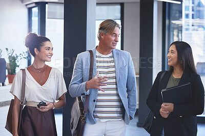 Buy stock photo Business people, discussion and boss in office for teamwork, meeting and workforce. Man or ceo, women and diversity for collaboration with designers and notebook for planning, agenda and conversation
