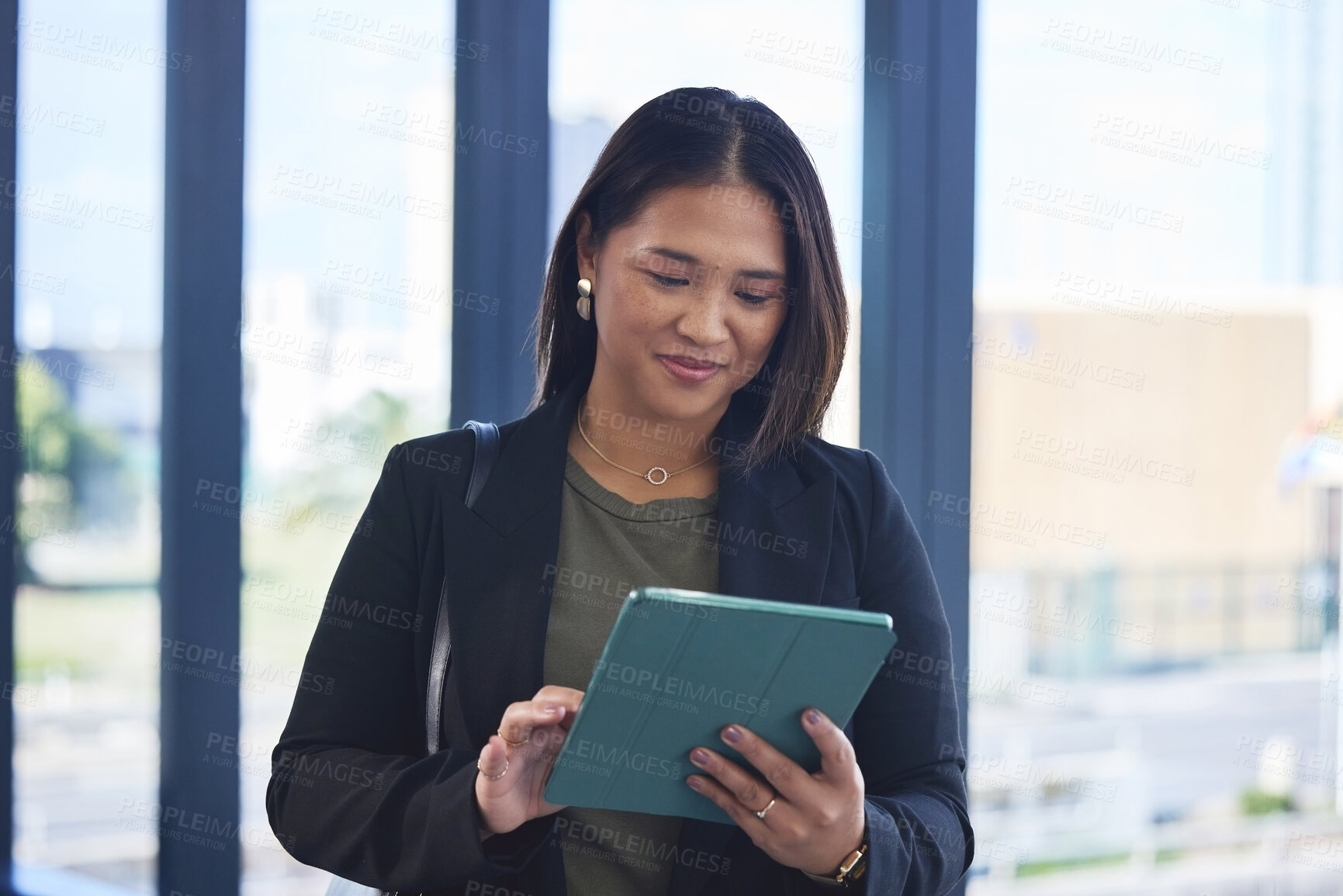 Buy stock photo Asian woman, tablet and online for marketing project in office, social media manager and networking. Female person, app and schedule calendar in creative agency, research and plan for opportunity