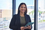 Asian woman, tablet and portrait for marketing project in office, social media manager and networking. Female person, app and schedule calendar in creative agency, research and ready for meeting