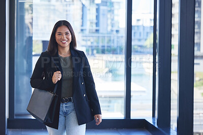 Buy stock photo Office, morning and portrait with smile, woman and ready for first day in agency, web designer and employee. Startup, creative and cheerful for internship in workplace, business and happy to arrive