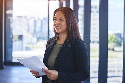 Buy stock photo Professional, woman and reading paperwork in office for budget planning, finance portfolio and payment loan. Smile, female person and document for review, report and legal asset management of company
