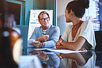 Business, people and document for meeting in office for marketing planning, collaboration and review stats growth. Staff, discussion and paperwork, partnership and feedback for profit report
